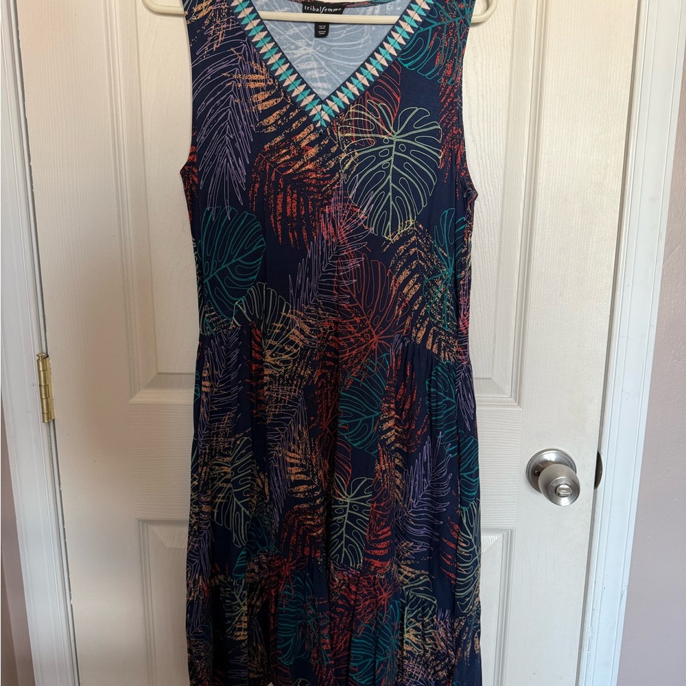 Navy Tropical Print Midi Dress